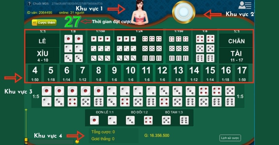 Hướng dẫn cá cược tài xỉu F8bet và bật mí bí kíp chơi hiệu quả 2 Các khu vực cược phổ biến của tài xỉu F8bet