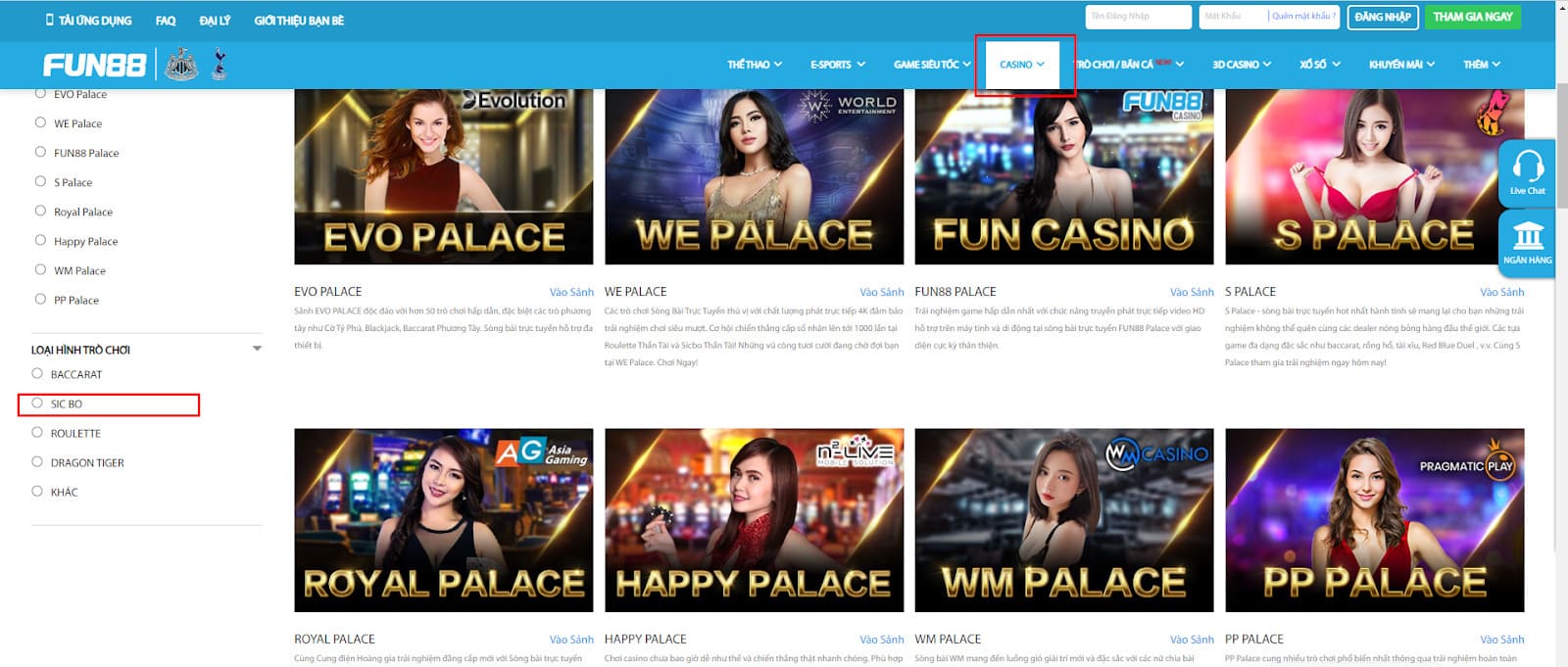 Hướng dẫn chơi Tài Xỉu Fun88 chi tiết với 3 mẹo chỉ cao thủ mới biết 2 Chọn vào mục Sicbo để tham gia Tài Xỉu Fun88